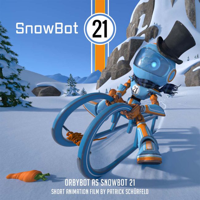 Film poster for the short animation movie 'Snowbot 21' by Patrick Schürfeld (Silvata), depicting a small robot on a sled in the snow, capturing the whimsical and adventurous theme of the film.