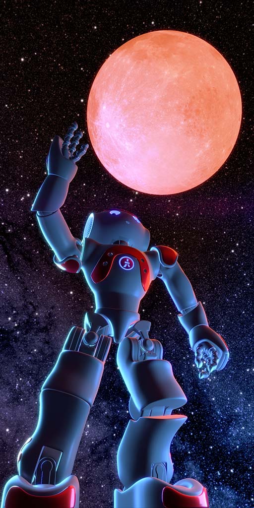 3D-rendered image showing a NAO robot reaching for a glowing orange moon in a space-like environment adorned with bright stars, symbolizing innovation and exploration in technology.